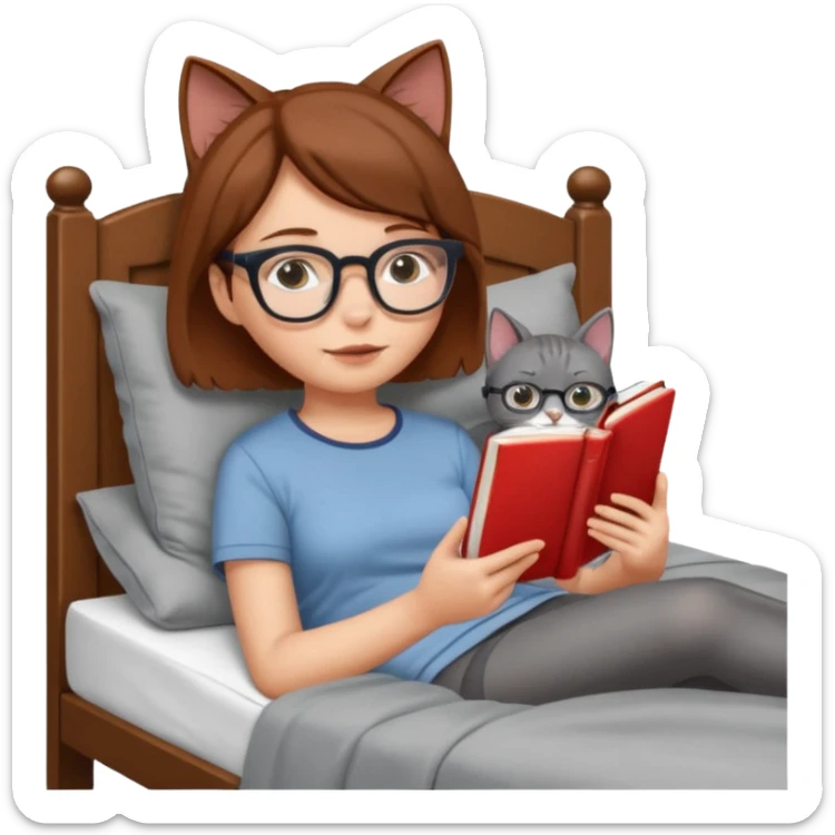 A girl is lying in bed. She has short chestnut hair styled neatly, is wearing glasses, and is reading a book. A grey cat is lying on her legs. sticker