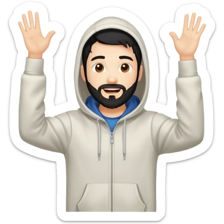 male coder with black hair, beard, and white skin, wearing a hoodie, excitedly raising arms in celebration after solving a coding problem, computer in front of him sticker