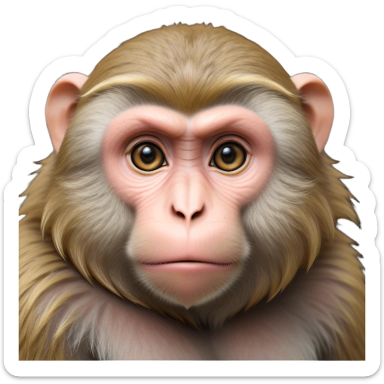 Cinematic Noble Macaque Portrait Emoji, Poised and regal, with a smart, agile build and expressive, deep-set eyes, adorned with soft, detailed fur and a dignified expression, Simplified yet sharp and sophisticated features, highly detailed, glowing with a soft, natural radiance, high shine, intelligent and commanding, stylized with an air of primate nobility, focused and alert, soft glowing outline, capturing the essence of a watchful and confident guardian that appears ready to leap out of the screen with effortless authority! sticker