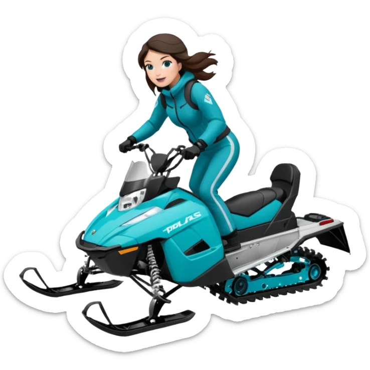 Can you create an emoji of a brunette girl on a teal polaris khaos 850 155 snowmobile doing a wheelie with snow flying sticker