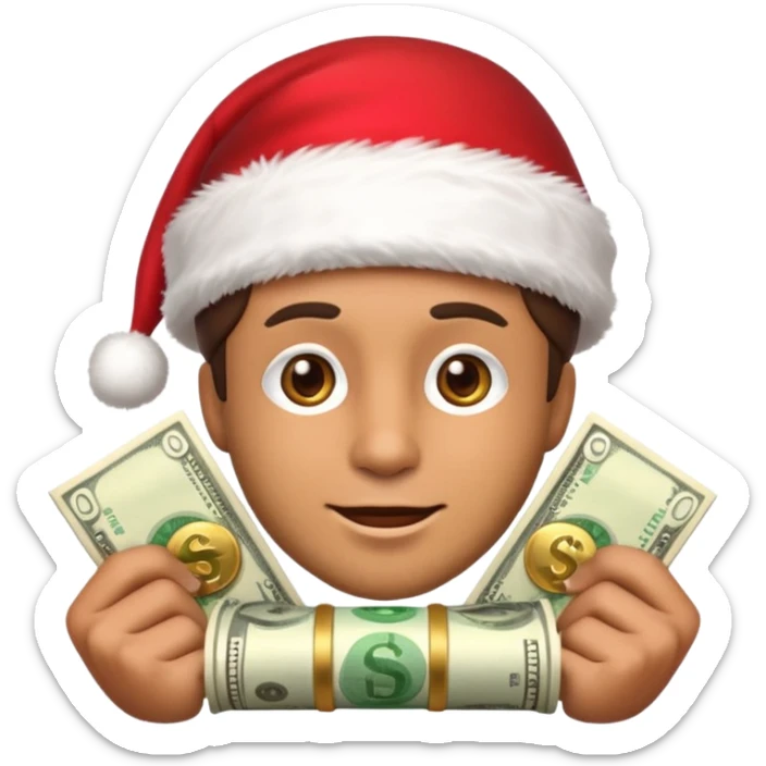 A confident rich emoji face wearing a Santa hat, money stacks, casino vibe, New Year theme, premium 3D emoji style, sharp details, no text, isolated on transparent background sticker