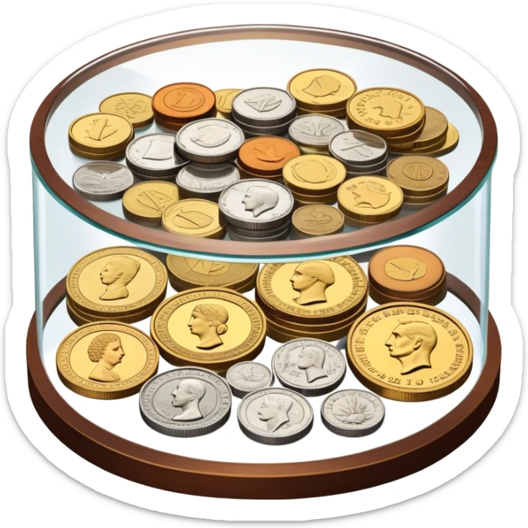 Icon for Coin Collecting: a collection of various vintage and modern coins, neatly arranged in a display case or on a table. The icon should highlight the diversity and historical value of coin collecting. Transparent background. sticker
