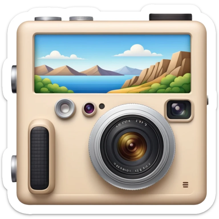 A beige camera and next to it a landscape photograph of the frame behind the camera sticker