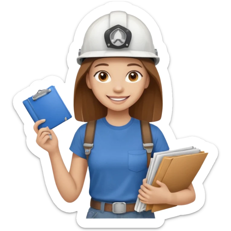 Waist-up girl on a white background wearing a brown Skims t-shirt. Hair is long, straight, chestnut-colored, reaching the waist. Brown eyes, long eyelashes, smiling with visible braces. White helmet with “BUT” written in brown. Holding rolled-up blueprints. sticker