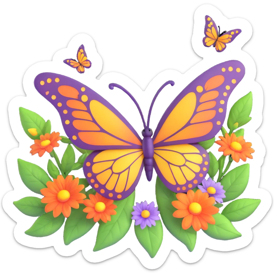 Add glowing leaves among the flowers and around the butterfly, maintaining the magical, 3D cartoon, digital fantasy art style. Keep the transparent background and all existing effects including flowers, glowing outlines, sparkling accents, magical particles, and elegant wings. sticker