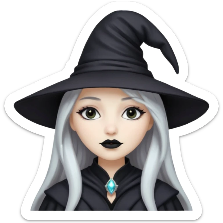 pale girl with long silver hair, black lipstick, black eyeshadow, black wizard hat  sticker