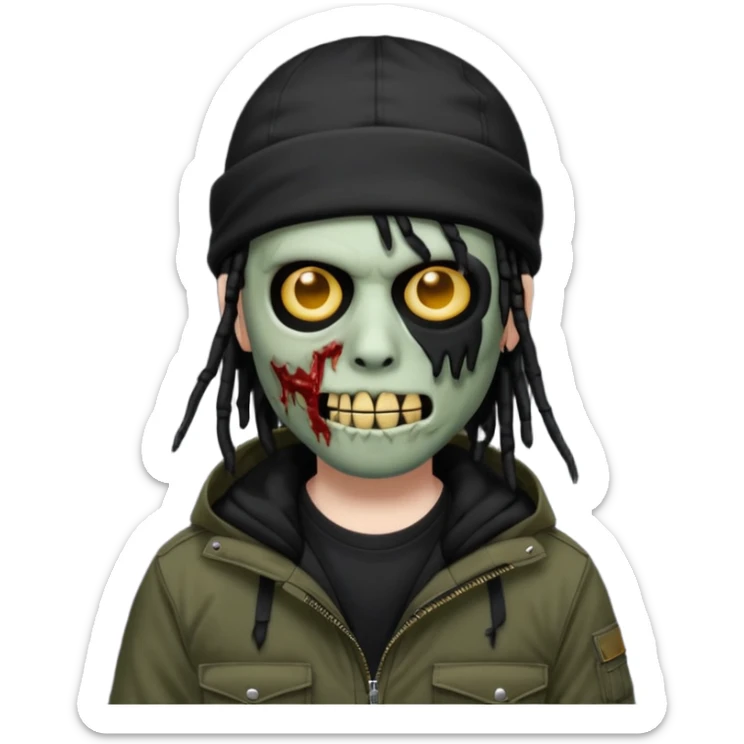 a zombie emoji with black dreads and a black carheartt jacket and black nike ski mask on his head sticker