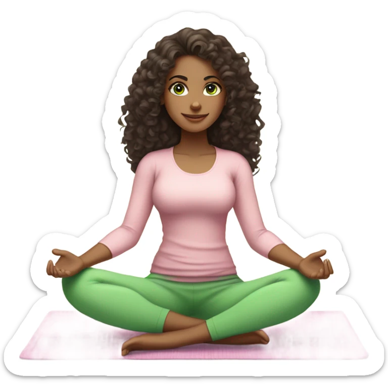 Dark brown long curly hair and green eyes yoga beautiful young woman in light pink pink pink clothes sitting on a yoga mat sticker