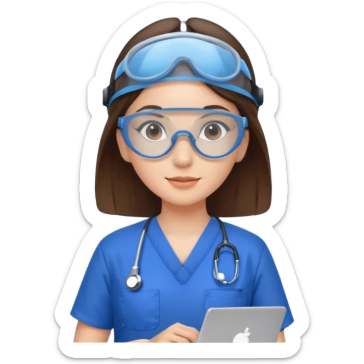 i need a brunette young woman in blue scrubs with brown eyes fair skin with safety goggles on and a laptop for research  healthcare research no safety helmet sticker