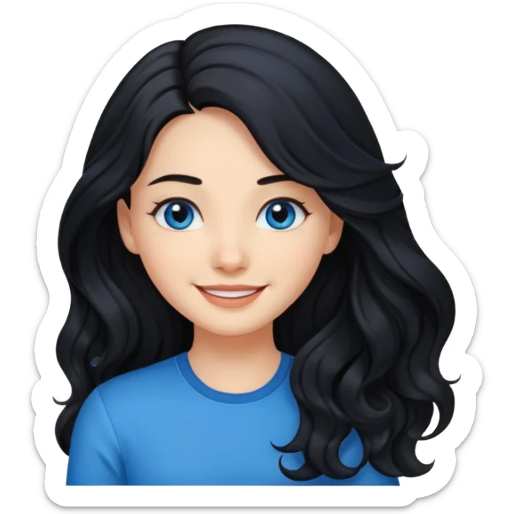 Please generate a portrait of a pretty girl with long, wavy, black hair. She's smiling. She also wears a left side parting. sticker