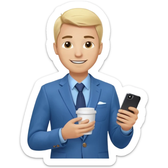 Confident and outgoing male entrepreneur, Caucasian features, blonde hair, big friendly smile, expressive eyes, defined eyebrows, wearing a blue blazer over a light blue shirt, holding a smartphone in one hand and a coffee cup in the other, waist-up, front-facing sticker