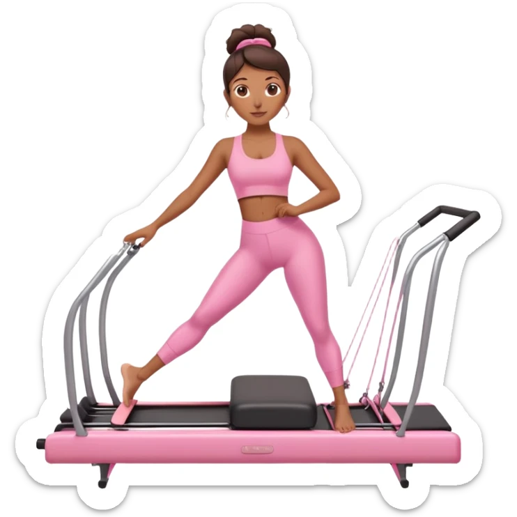 Brown girl in pink outfit on pink reformer pilates sticker