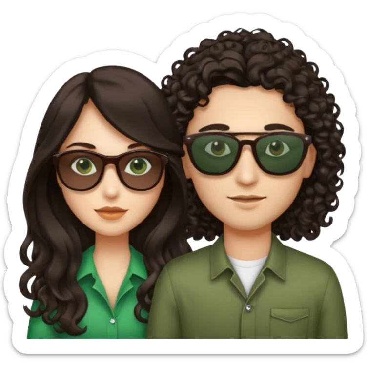 Two besites in sunglasses, 1: long ironed straight darkbrown hair, green eyes, 2: long curly darkbrown hair, brown eyes sticker