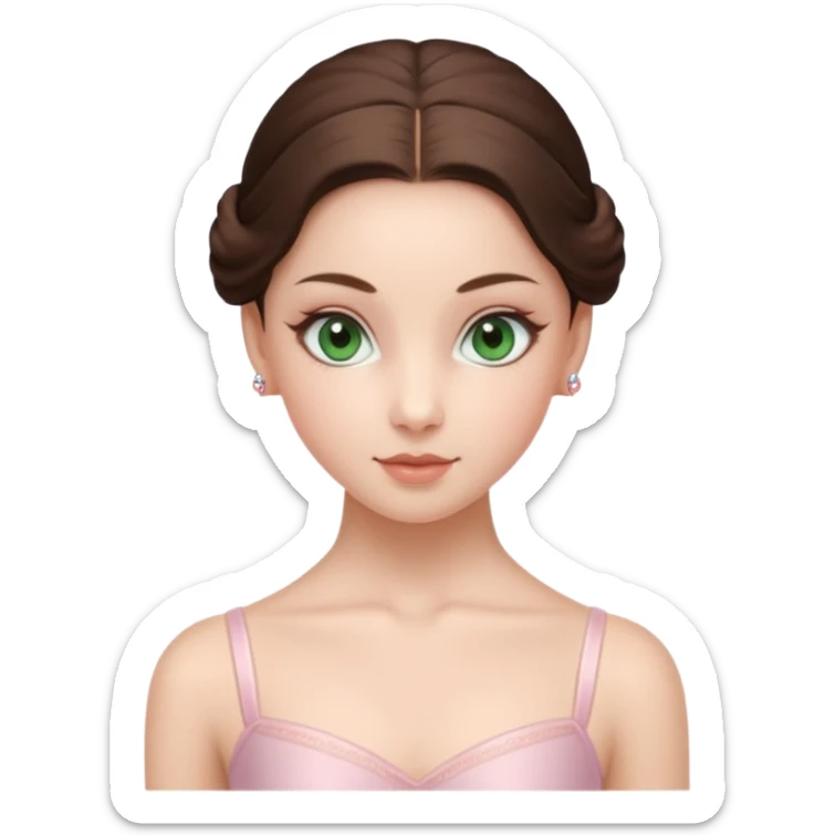 Cinema Realistic Ballerina Portrait, with porcelain-like skin featuring a natural rosy flush, illuminated by soft lighting that highlights the gentle contours of her face. Her Brunette hair flows in soft.Her deep green light eyes radiate framed by arched brows and long lashes. sticker