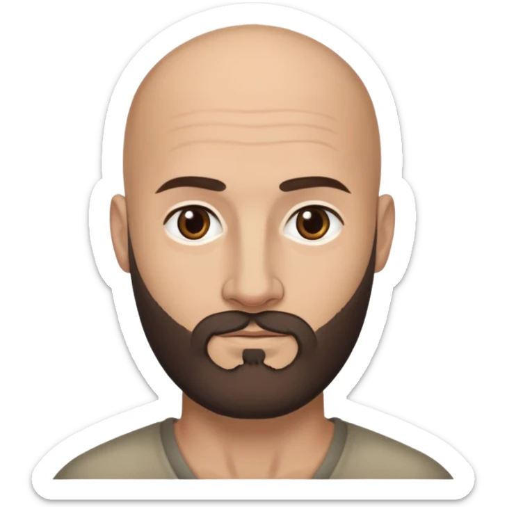 Head emoji of a bald Caucasian man with tan skin, dark almost black eyes, and a dark brown medium length beard with some grey in it. Please show one result with glasses and the other without. sticker