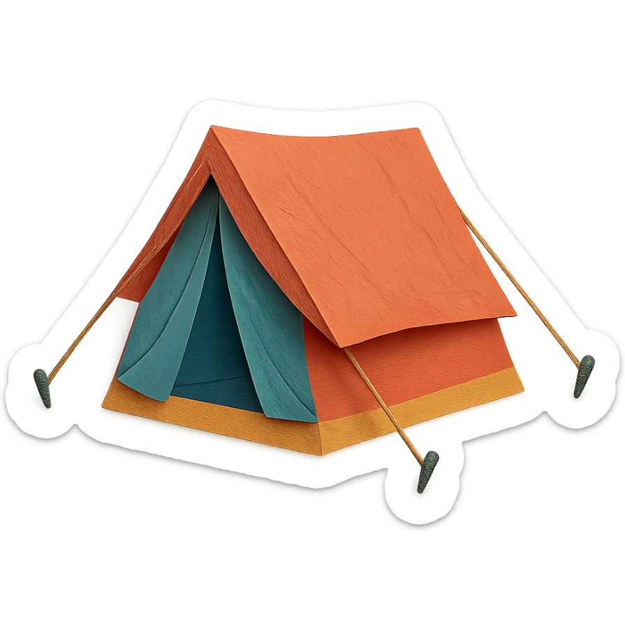 close-up of a camping tent, paper craft style, fine paper edges, realistic fabric folds, tent stakes and ropes visible sticker