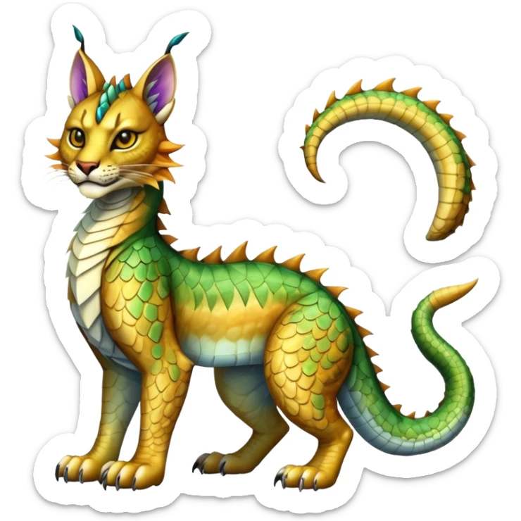 Shiny exotic iridescent Dragon-Tiger-type Lynx-Caracal-Crocodile-Bobcat-Fakémon-creature with a long muzzle, full body sticker