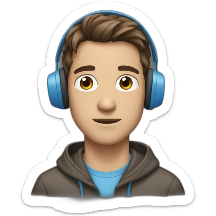 male, brown hair, brown eyes, headphones, blue hoodie, straight face sticker