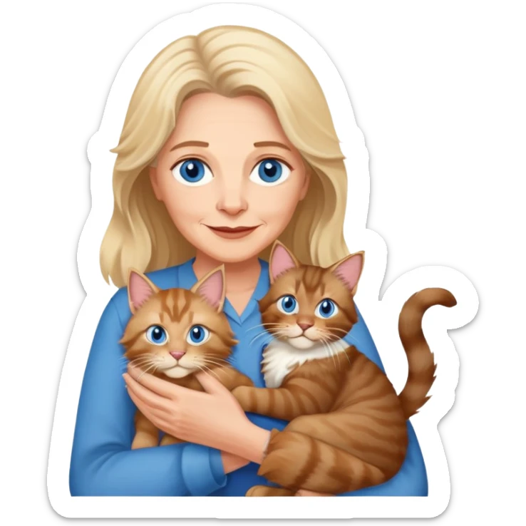 A blonde blue eyed older woman holds a brown Maine Coon cat in her arms sticker
