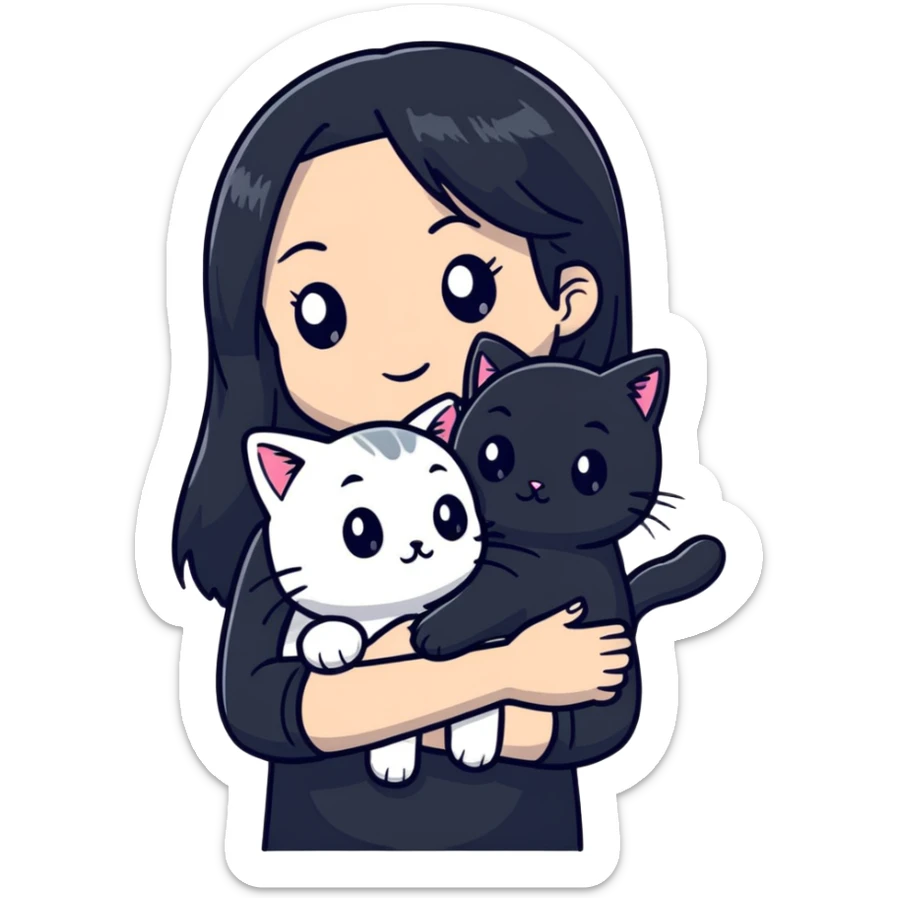 beautiful girl with long black hair wearing a black shirt holding a silver-colored cat sticker