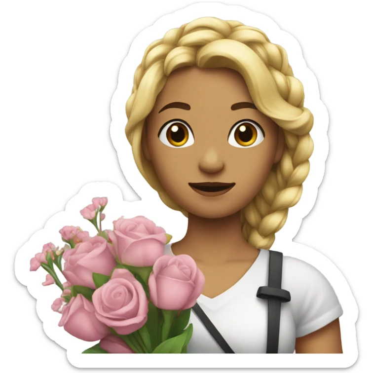 "A young woman with braided blond hair, a hopeful but worried look, holding flowers or a broom." sticker