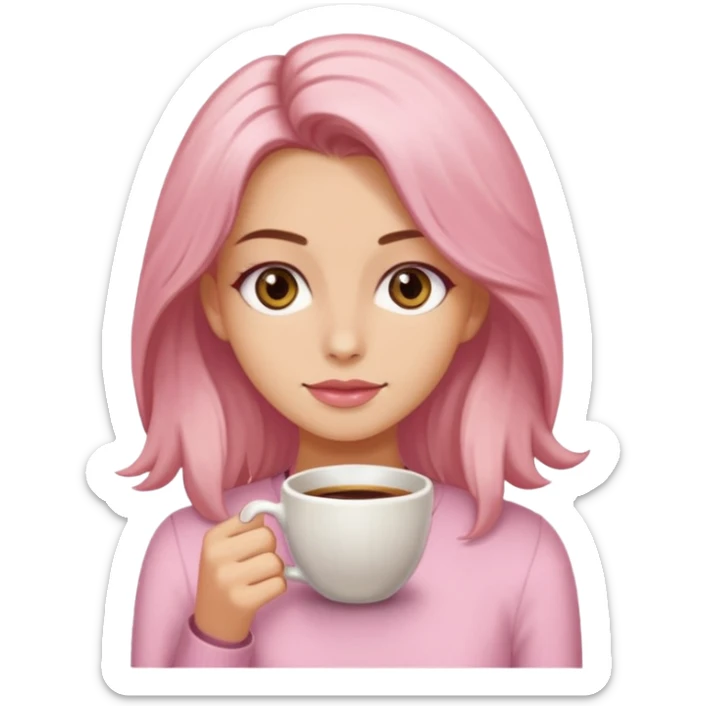 Crea una chica güerita con pelo largo café claro y raíces güeras, ojos rasgados cafés oscuros, suéter o camisa rosa claro sticker