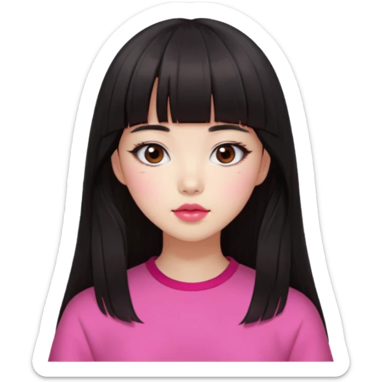 Korean girl, red top, black brown hair, brown eyes, long hair, cool girl, aesthetic, long hair, hime cut, blunt bangs, pink lips, pink cheek sticker