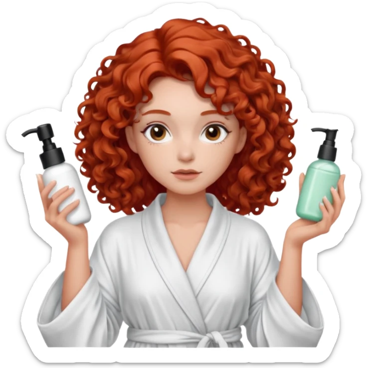 Cartoon emoji of a girl with voluminous curly red hair, fair skin, warm brown eyes. Wearing a chic milky silk robe with long sleeves, no makeup. Portrait mode, holding 3 moisterizers or different skin care products, looking super doubtful twisted and unsure. Smooth, simple, stylized." sticker
