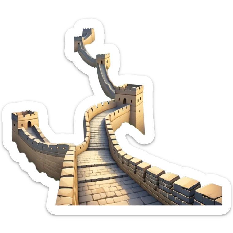 Cinematic Realistic Great Wall of China Landmark Emoji, depicted with ancient stone pathways winding over rugged mountains, watchtowers punctuating the misty landscape, and soft golden sunlight casting dramatic shadows. sticker