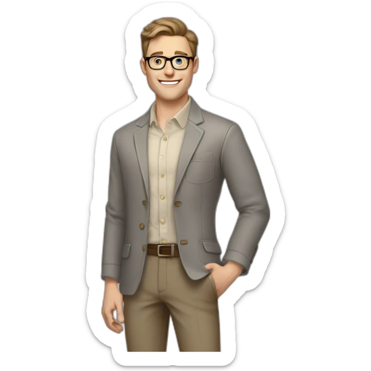 Joyful Pale skinned Fit Man With dark brown hair in gray jacket, beige office shirt, Brown pants and vintage glasses. His thrumbs up sticker