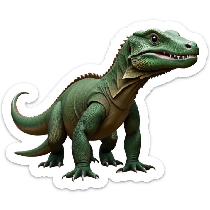 cinematic-komodo-dragon-realistic-full-body-standing on all fours-emoji,-massive-scaled-body-poised-with-quiet-power,-rough-textured-skin-dark-green-and-dark brown, black,-head-tilted-dramatically,-long-forked-tongue-flicking-out,-simplified-yet-realistic-focused-features,-highly-detailed,-glowing-with-an-almost-sarcastic-glow

 sticker