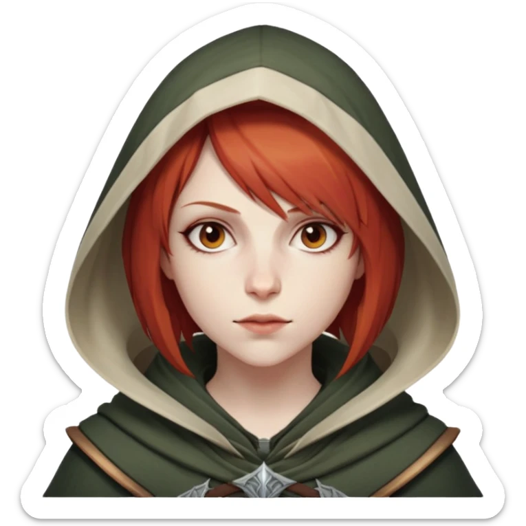 Leliana from Dragon Age with short red hair and hood sticker