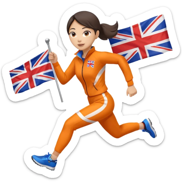 asian woman in orange sport suit and holding uk flag in one hand, running sticker