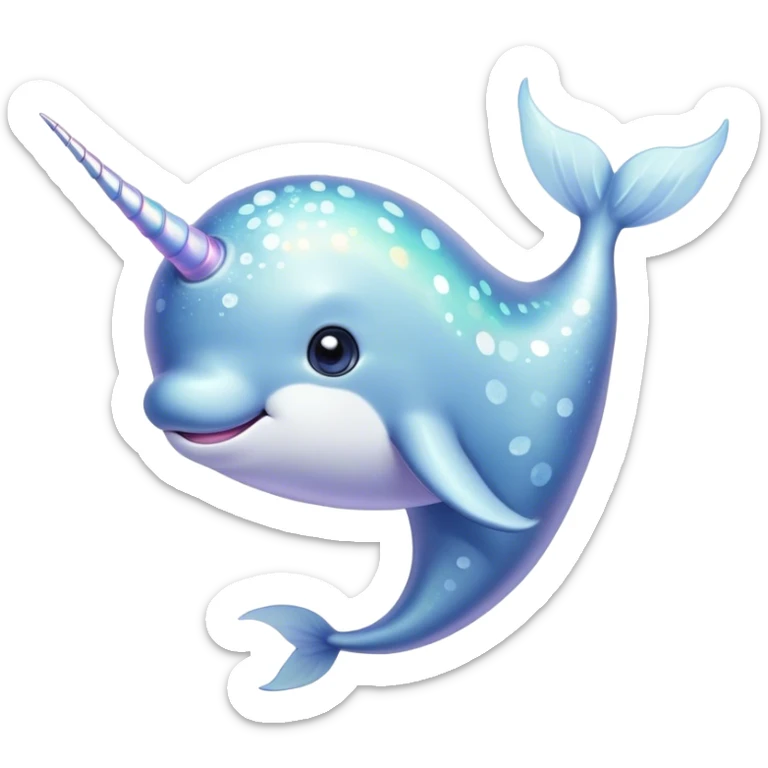 Cinematic Cute Cute Narwhal Portrait Emoji, Head tilted playfully and inquisitively, featuring a charming, sleek body with softly iridescent skin, a prominently spiraled tusk and large, twinkling eyes full of gentle wonder, Simplified yet irresistibly adorable features, highly detailed, glowing with a warm, inviting ocean glow, high shine, affectionate and lively, stylized with a touch of magical sea whimsy, soft glowing outline, capturing the essence of a mischievous yet endearing cute narwhal that seems as if it could frolic out of the screen into your heart! sticker