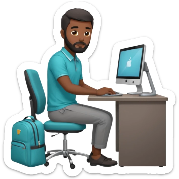 man with black short male hair and black hair and beard and hes in a office with his grey backpack on the floor and he has a tourquose polo shrit with gre dress pants and hes working at a hotel  hes on the co,ptuer  at his desk and he inly has one backpack its on the floo  WITH GREY PANTS sticker