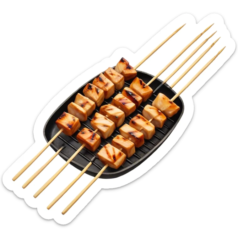 Cinematic Realistic Yakitori Dish Emoji, depicted as skewered, grilled chicken pieces with a charred finish rendered with crisp textures and appetizing, natural lighting. sticker