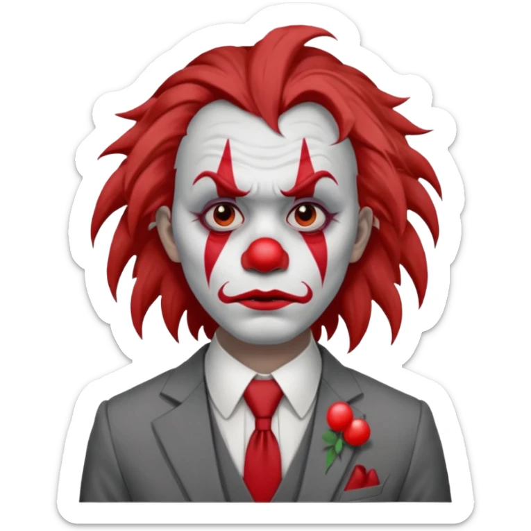 No wig, but long messy brown hair.

White face paint with red clown makeup and a red nose.

Wearing a gray suit with a tie.

Expression is sad and serious, resembling a clown with a more human-like look. sticker