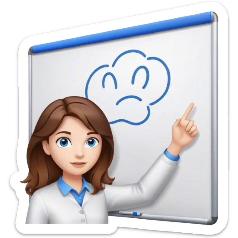 a young woman brown hair and blue eyes, with a claw clip in her hair and presenting on a white board sticker