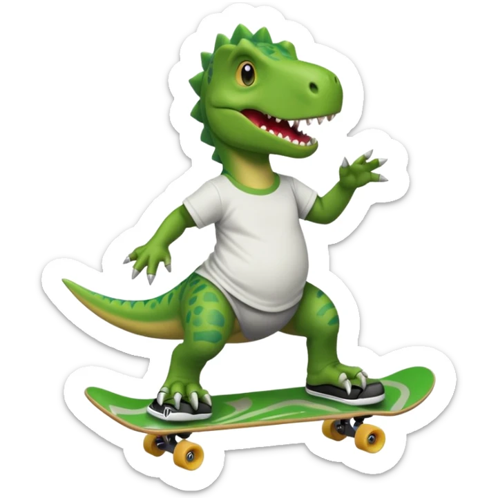 Dinosaur skateboarding at the skate park wearing a t-shirt and doing six seven and dancing sticker