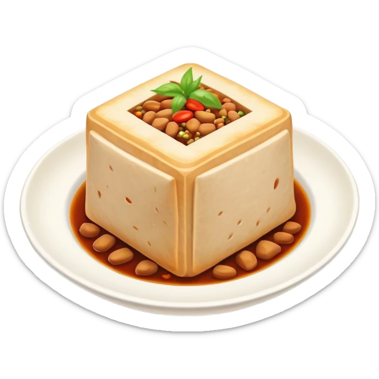 Hakka Stuffed Tofu with five spiced meat filling, simplified emoji style with bold outlines and bright colors, cartoon style unique triangular stuffed bean curd sticker