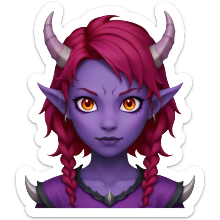 Demon Girl Purple Skin Dragon Horns Black Eyes Red Glowing Pupils Auburn Haired Red Shirt  sticker