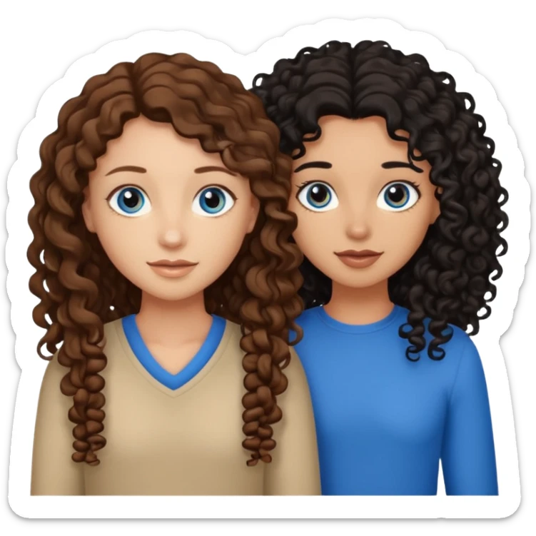Two best friends .bestie 1: beige skin with brown long hair and blue eye. Bestie 2:mixed race skin with curly black hair and brown eye sticker