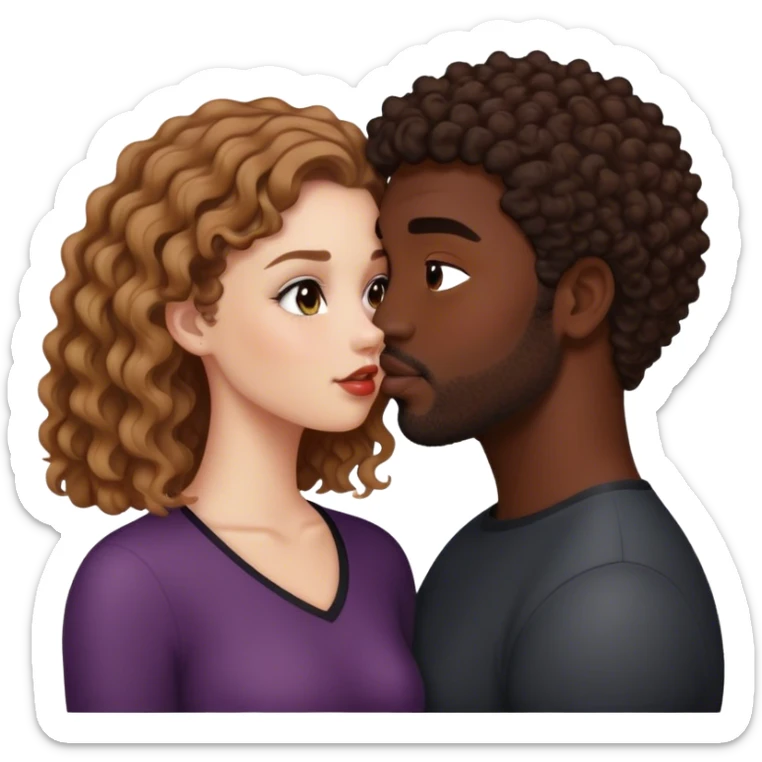 White curlye girl with long brown hair kisses black man with short haircut sticker
