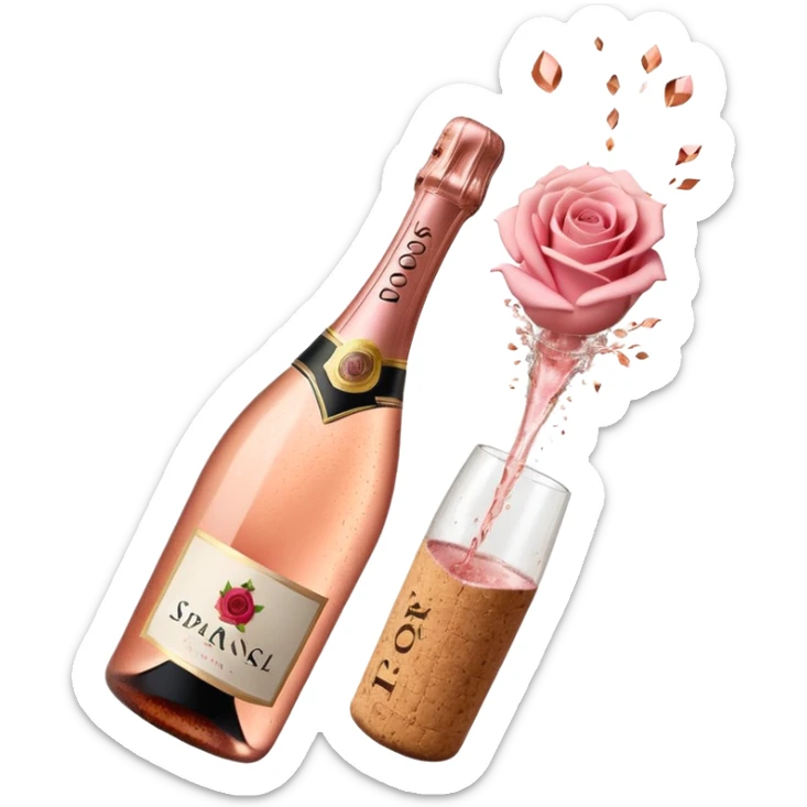 bottle of sparkling rosé champagne with a rose logo on the label, with a cork exploding out from the top, tilted up and to the left, no glass sticker