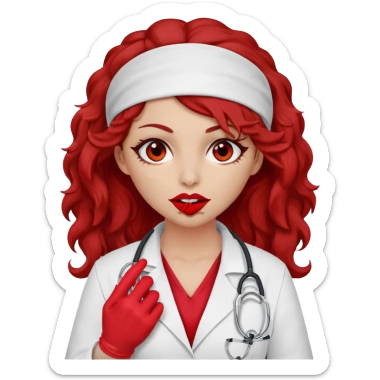 Lilith scalpel in hand, evil surgeon sexy surgeon clothes.  She has red eyes. She brown long curly hair. Wears sexy doctor outfit with red gloves. Hides mouth necknose with red bandana to hide her identity sticker
