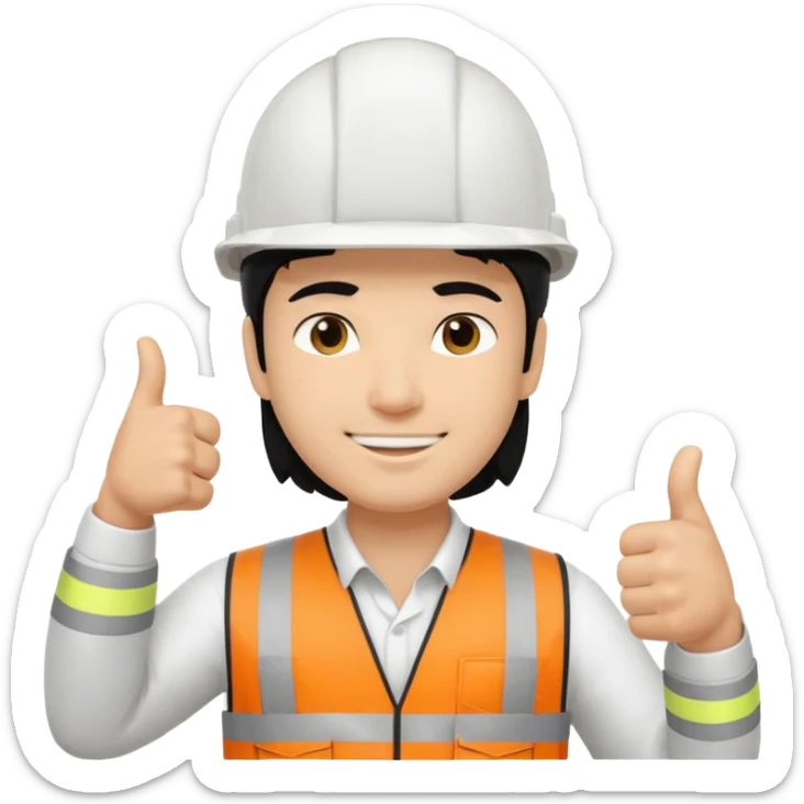 Una persona con pelo negro varon con casco blanco inginiero cilvil pulgar arriba sticker