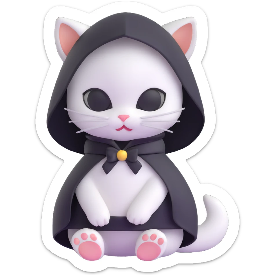 white baby cat in a black mini dress and black veil, looking shy sticker