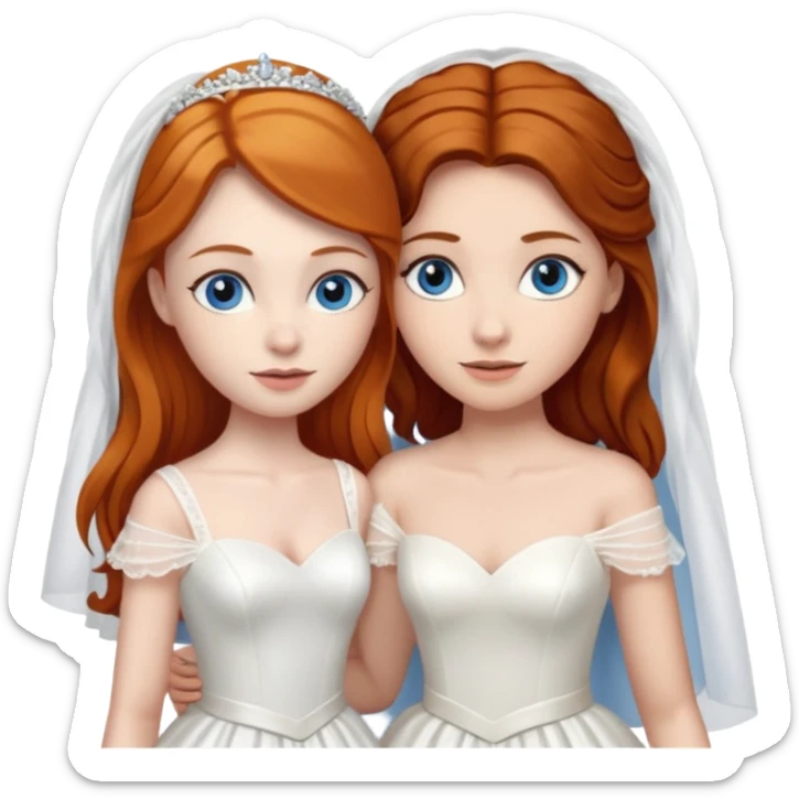 A ginger woman with blue eyes, marrying a taller woman with dark brown hair and hazel eyes, both in wedding dresses. sticker
