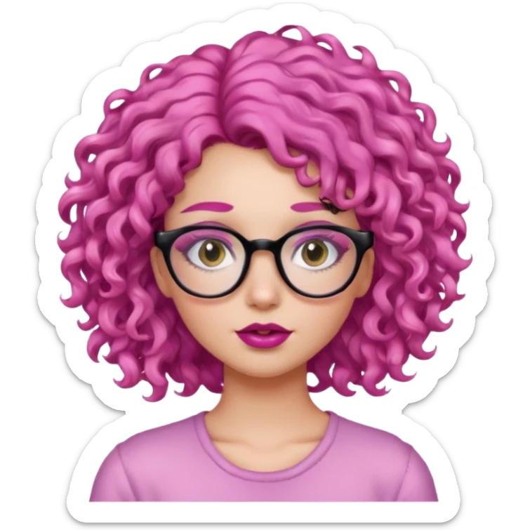 girl with pink curly hair around her shoulders, dark eyebrows, lashes, glasses and lip gloss sticker