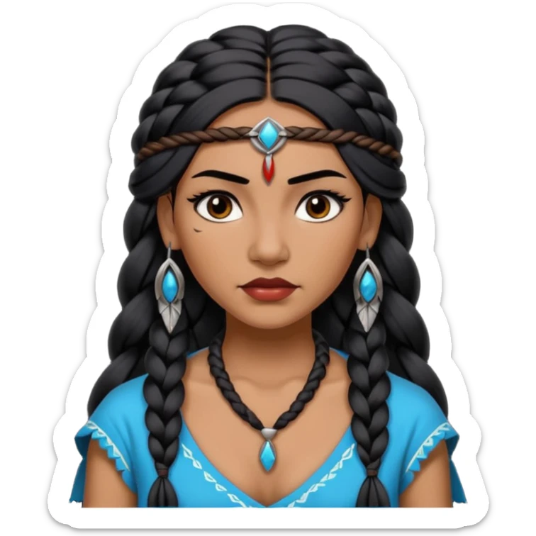 Attractive Native American woman with a wide face, baddie look, dark skin, Long braided black hair sticker